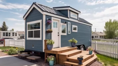 A tiny home in a residential neighborhood.