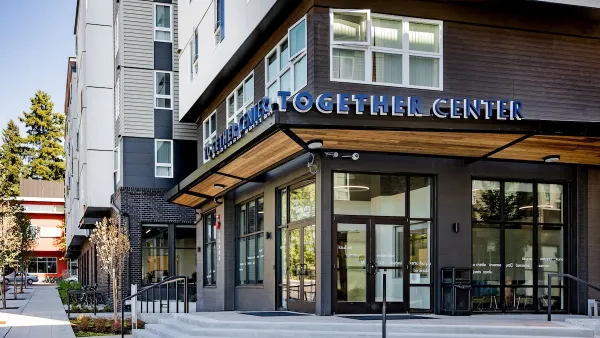 Modern black building for Together Center in Redmond, Washington.