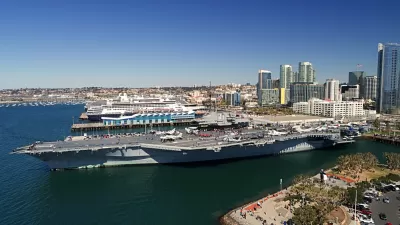 Aerial view of USS Midway aircraft carrier at San Diego waterfront