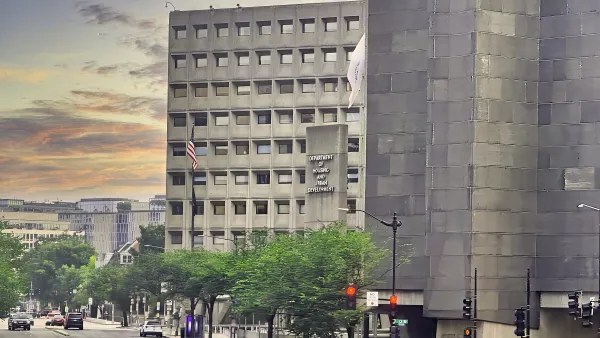 View of brutalist concrete HUD headquarters building in Washington, D.C.