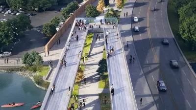 Rendering of 11th Street Bridge Park in Washington, D.C. on old bridge across Anacostia River.