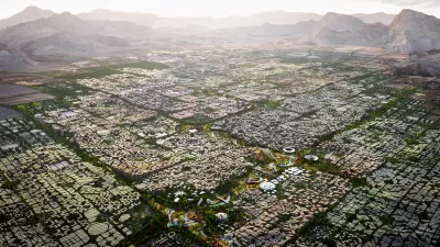 A rendering of a futuristic city in the desert.