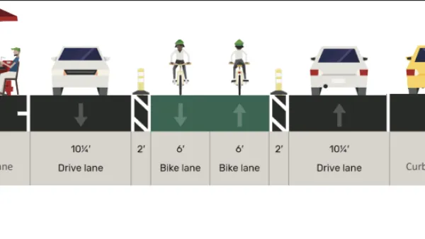 A rendering of a proposed bike lane project, with a two-way bike lane in the center of the street.