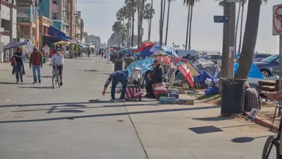 Homeless encampments on the Venice Beach Ocean Front Walk.