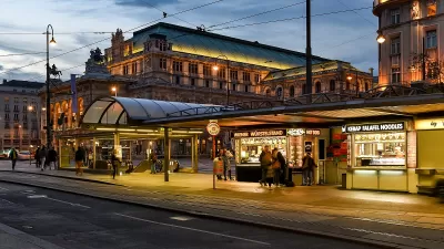Nighttime view of subway station in Vienna, Austria