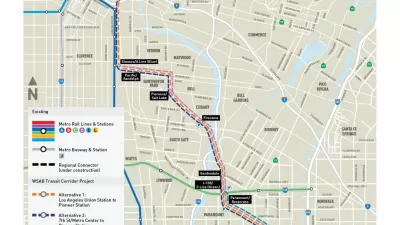 A map of a planned light rail line connecting Los Angeles to cities in the Southeast of the county.
