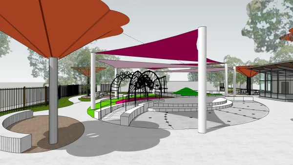 Rendering of pocket park with seating and shade 