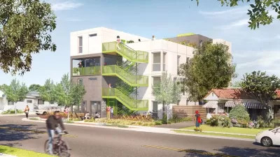 Rendering of three-story shipping container modular building for affordable housing in Watts, Los Angeles.