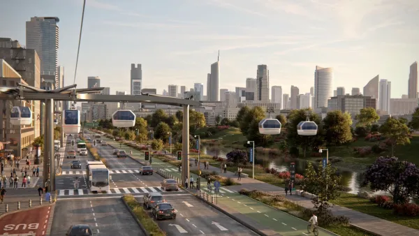 Rendering of aerial gondola over main street in Anaheim, California.