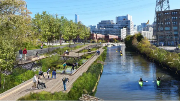A conceptual rendering of the Wild Mile river restoration shows newly built docks and walkways and greenery along the Chicago River. 