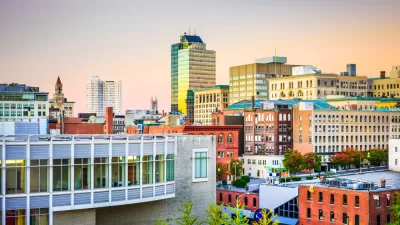 The skyline of downtown Worcester, Massachusetts reveals urban densities and variety of building types.