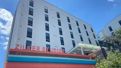 View looking up at Zilker Studios apartment building in Austin, Texas.
