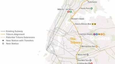 A map of the proposed Triboro Line, which would connect Brooklyn to Queens and the Bronx in New York City.