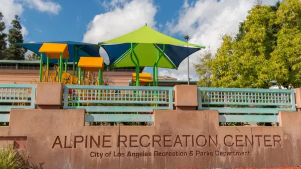 Alpine Recreation Center sign in park in Chinatown, Los Angeles, CA.