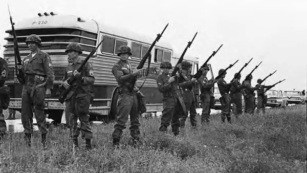 National Guard members protecting the bus for the Freedom Riders leaving Montgomery, Alabama, for Jackson, Mississippi.