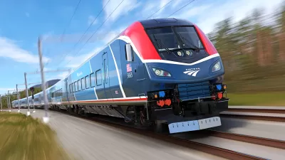 Rendering of blue Amtrak Airo train speeding past blurry trees