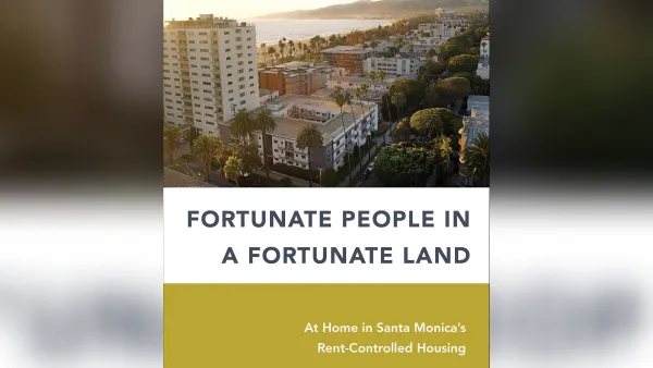 COver of "Fortunate People in a Fortunate Land" book with photo of Santa Monica buildings and beach at sunset.