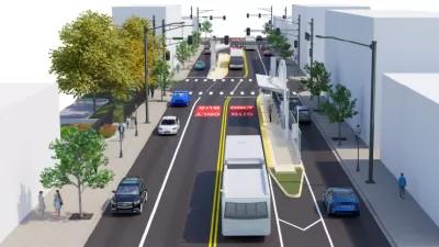 A conceptual rendering of a bus stop and bus-only lane on a downtown street.