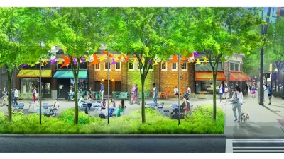 Rendering of Commercial Row Commons redesign with trees, wide sidewalk