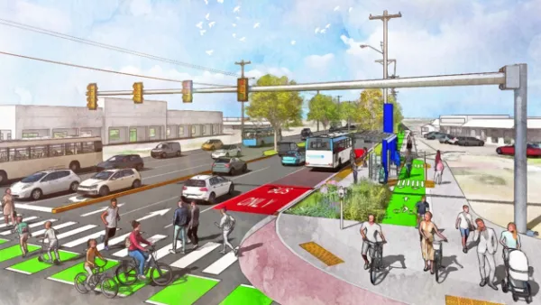 Rendering of redesigned SR 99 in Snohomish County with dedicated bus and bike lanes.