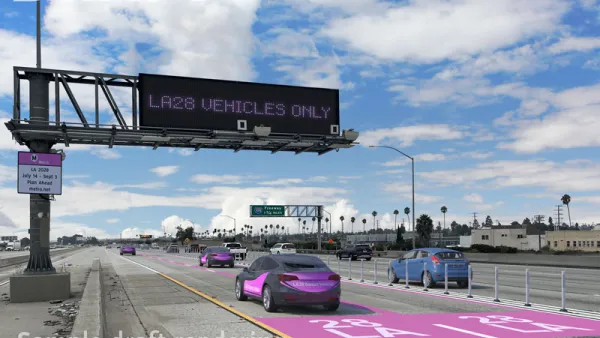 A rendering of Los Angeles highway lanes with white text reading LA 28, and an overhead sign reading "LA 28 VEHICLES ONLY."