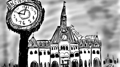Black and white digital illustration of Newark, New Jersey town square with old clock.