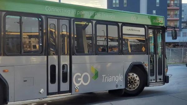 Silver and green GO Triangle bus in North Carolina.
