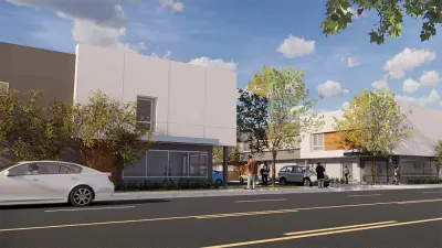 REndering of two-story white supportive housing building converted from a former hmotel