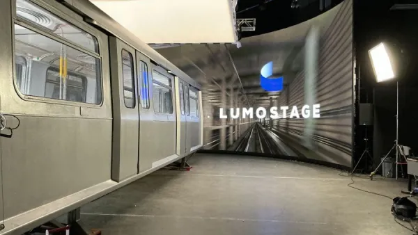 Silver Vancouver SkyTrain transit car installed on soundstage.