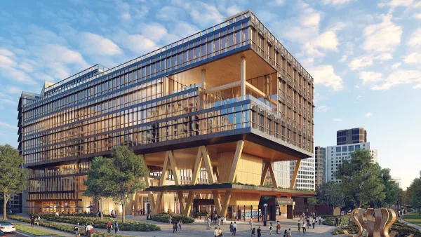 A rendering of WMATA's new building, which has many windows and two levels that don't appear to have walls.