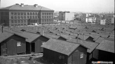 Black and white photos of camp made up of small 'earthquake shacks' in Dolores Park in 1906 after the San Francisco earthquake.