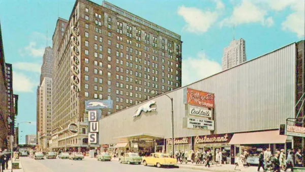1960s postcard with drawing of Greyhound bus station in Chicago.