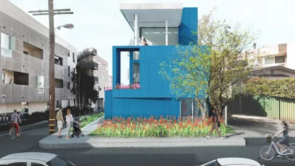 Rendering of blue boxy modular apartment building in Santa Monica, California.