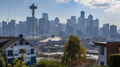 View of Seattle skyline with houses in foreground