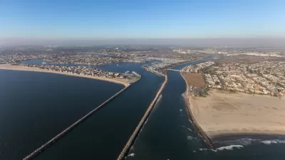 Aerial view of San Gabriel River where it meets the ocean in Long Beach, California