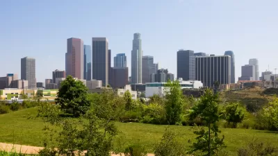 View of downtown Los Angeles from a green park