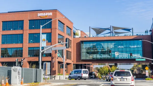 Amazon office building in Palo Alto, California with light traffic in front.