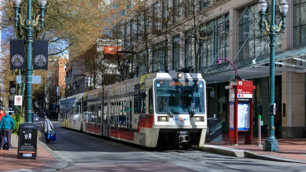 Portland MAX light rail train at station in Portland, Oregon.