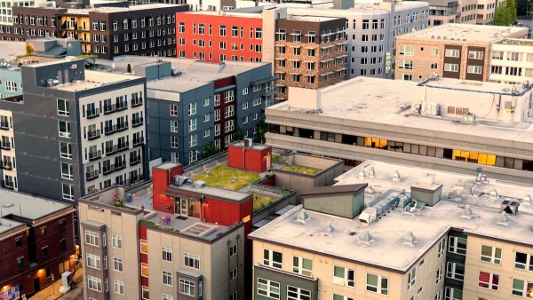 Aerial view of mid-rise apartment buildings in Seattle.