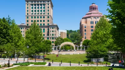 View of green lawn and Buncombe County courthouse in Asheville, North Carolina