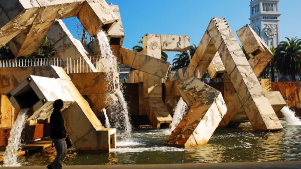 Brutalist concrete Vaillancourt Fountain in public plaza in San Francisco, California.