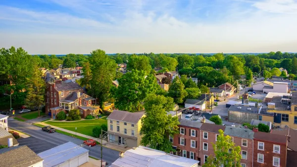 Aerial view of suburban houses and sunset sky - West Chester, Pennsylvania.