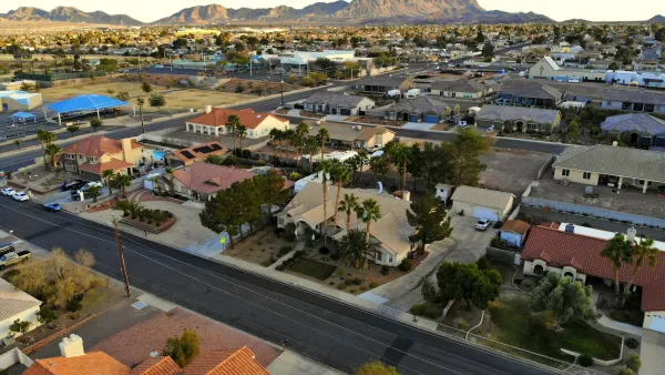 Low aerial of residential neighborhood in Henderson, Nevada.