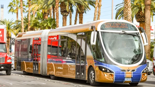 Gold and blue Las Vegas transit bus driving down street with palm trees.