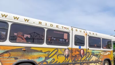 Close-up of Sunset Empire Transportation District bus in Astoria, Oregon