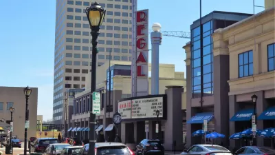 Street with Regal cinema building in downtown Rockville, Maryland