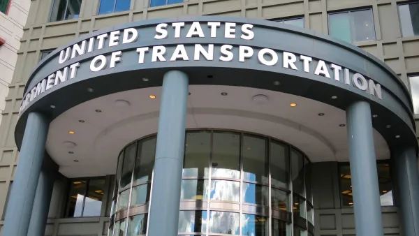 USDOT title above entrance on headquarters building in Washington D.C.