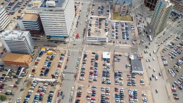 erial drone photo of municipal parking lots Downtown Denver CO.
