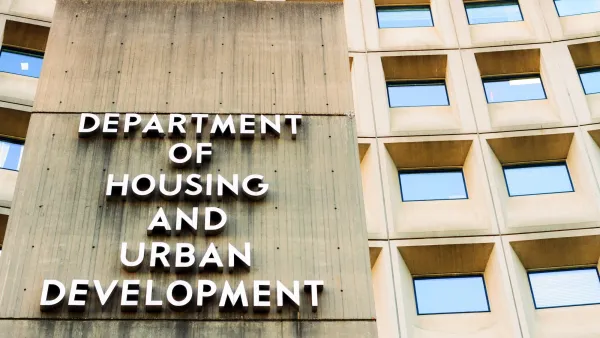 Close-up on sign on headquarters building for HUD in Washington DC.