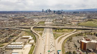 Aerial view of downtown Denver, Colorado with freeway in foreground